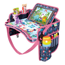 ECOFANTASY Kids Travel Tray for Car Seat, Car Tray Table for Kids with Tablet Holder, Dry-Wipe Board, Cup Holder & Storage Pockets, Car Seat Tray for