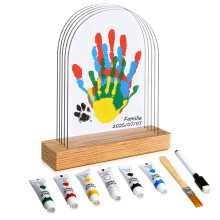 SSJkeji Family Handprint Kit Clear DIY Craft Keepsake DIY Hand & Footprint Kit with Wooden Frame, 5 Panels & 6 Paints Perfect as New Baby Gifts, New
