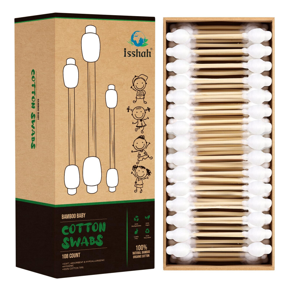 Isshah Baby Cotton Swabs - 108 Count - Fsc Certified And Peta Approved, Bamboo Handle Cotton Tips, 100% Biodegradable, Gentle, Eco Friendly, Double Tips, Pl