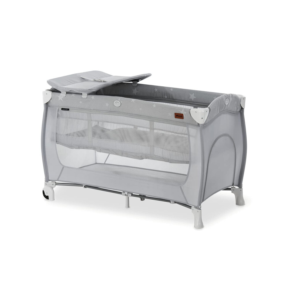 Hauck Sleep N Play Center, Stars - Travel Cot Set With Changing Mat, Newborn Height, Hatch, Wheels & Travel Bag, Fast & Compact Folding, From Birth U
