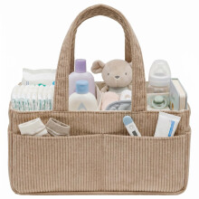 Baby Nappy Caddy Organiser, Corduroy Nursery Storage Basket Portable Baby Caddy with Handle and Pockets, Foldable Nappy Storage for Nappies Bottles,