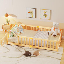 Meulbaty 190 x 135 cm Toddler Floor Bed, Montessori Floor Bed with Rails & Lockable Door, Twin Size Kid Beds for Toddlers 1-3 Years Old - Natural Woo
