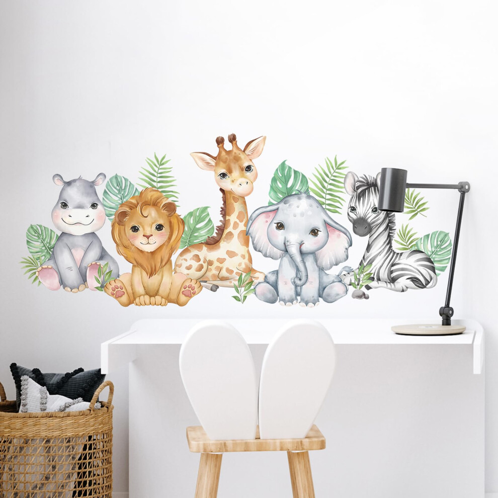 Jungle Animal Wall Stickers, Forest Animals Wall Decals, Hippo Lion Giraffe Elephent Zebra Self-Adhesive Removable Wall Art Sticker For Nurse Tanlaby