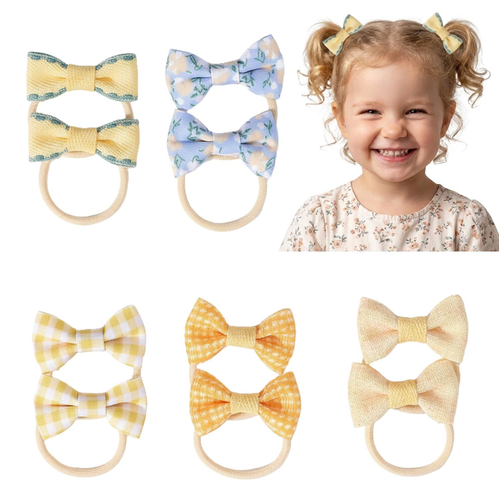 Subtavik Yellow 10 Pcs Baby Hair Bands, Bow Toddler Hair Bobbles Soft Baby Hair Ties Elastic Girls Ponytail Holders For Girl Kids Toddlers Infants (Yellow)