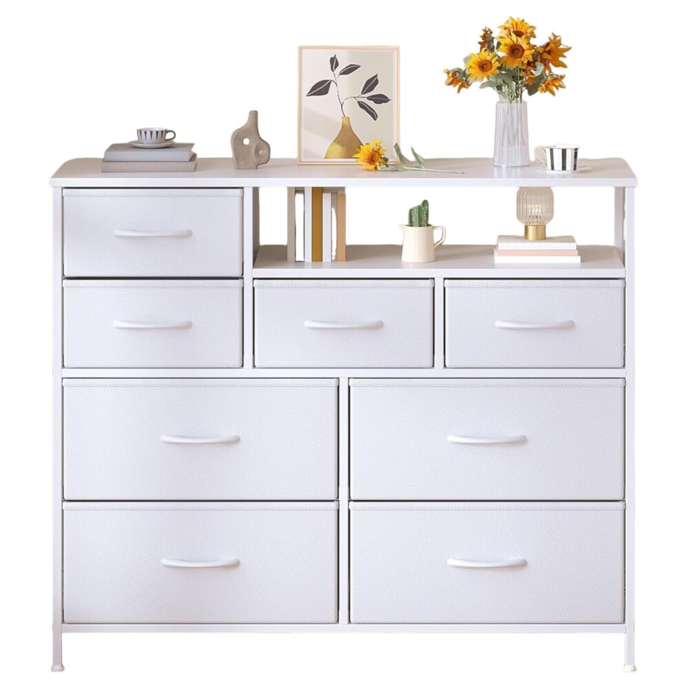 Feonase Chest Of Drawers Bedroom, Fabric Dresser With 8 Drawers, Storage Dresser With 2 Layer Shelves, Tall Storage Organizer Unit With Steel Frame,