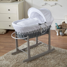 For Your Little One Wicker Moses Basket with Rocking Stand, 83 x 49 cm, Hand-woven Natural, Hypoallergenic Mattress Grey Wicker/Dimple Pattern (White
