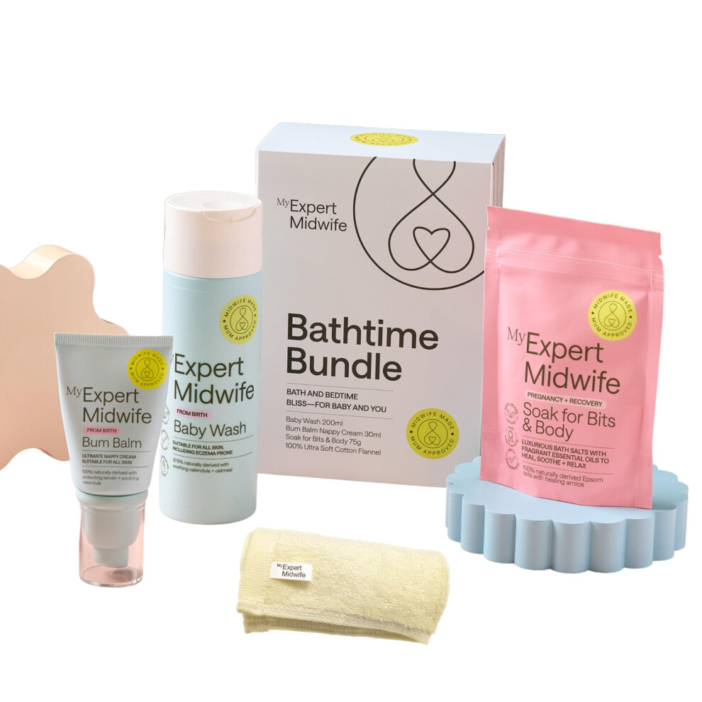 My Expert Midwife Mum & Baby Bathtime Bundle, Including No Harm Baby Bottom Balm 30Ml, Gentle Cleansing Wash 200Ml & Soak For Bits Premium Bath Salts