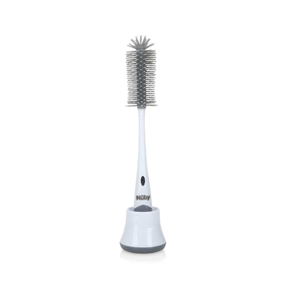 Nuby Newborn Baby Bottle Cleaning Brush – Dual Bottle And Teat Cleaning Brush With Silicone Bristles And Hygienic Draining Stand (White)