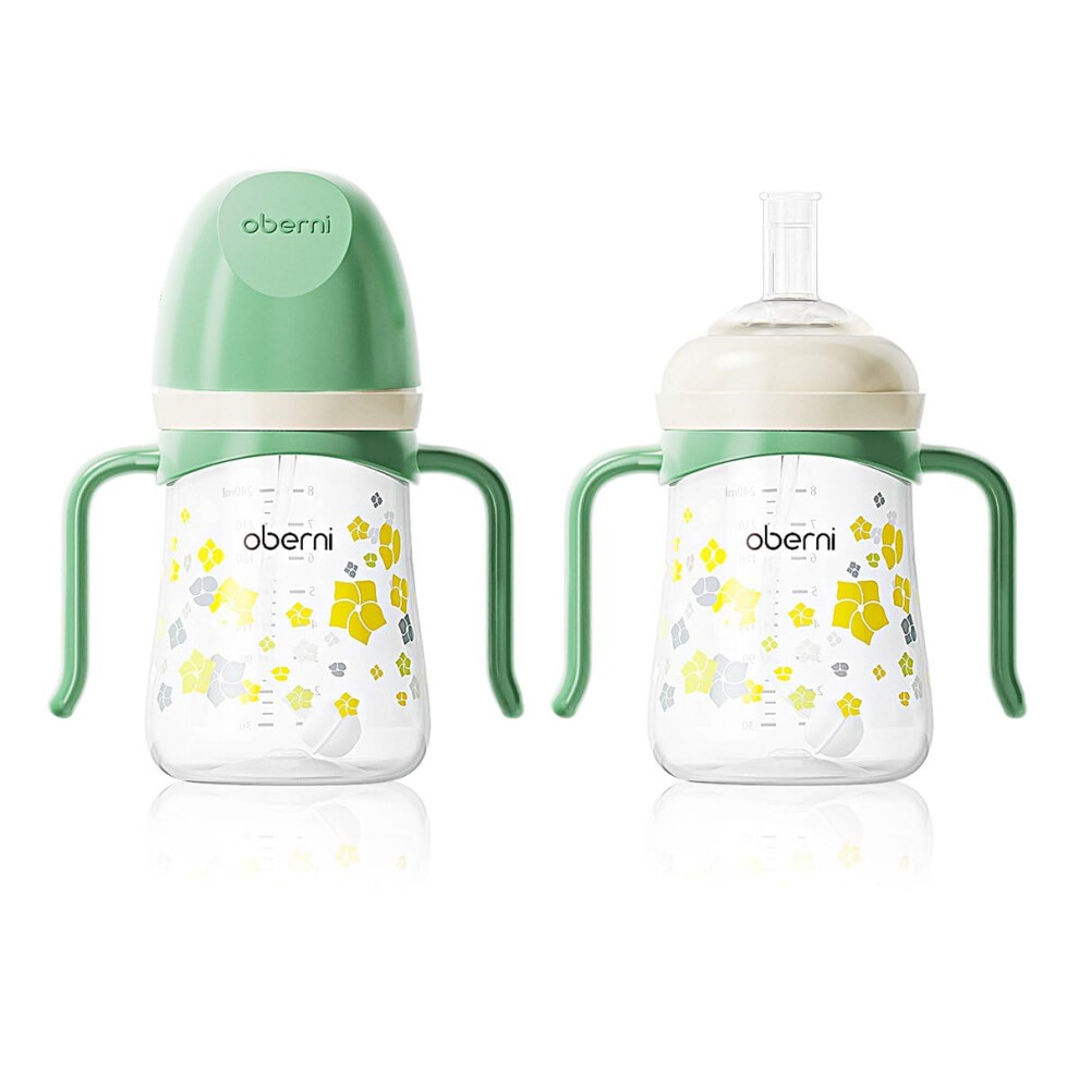 Oberni Toddler Sippy Cup, Weighted Straw Baby Drinking Water Bottle With Valved Spout For 6+ Months, 300Ml/Green/2Pack