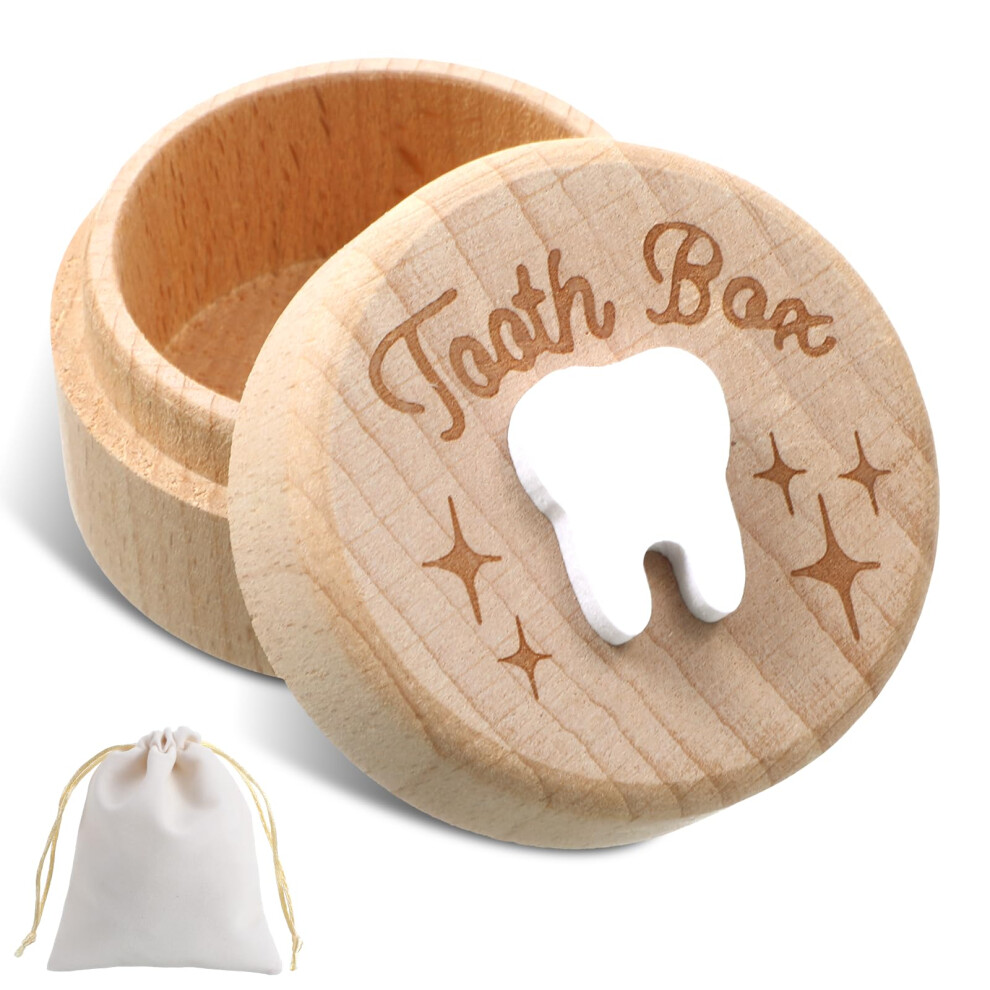 Divina Vitae Tooth Fairy Box With Storage Pouch Wooden Tooth Storage Box For Lost Teeth Container Cute 3D Carved Souvenir Dropped Teeth Keepsake Boxe 5001019751476