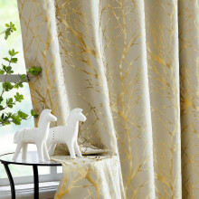 Fmfunctex Blackout Thermal Curtains for Bedroom 54 Inch Drop Beige Gold Eyelet Curtains for Living Room Branch Foil Print Room Darkening Energy Savin