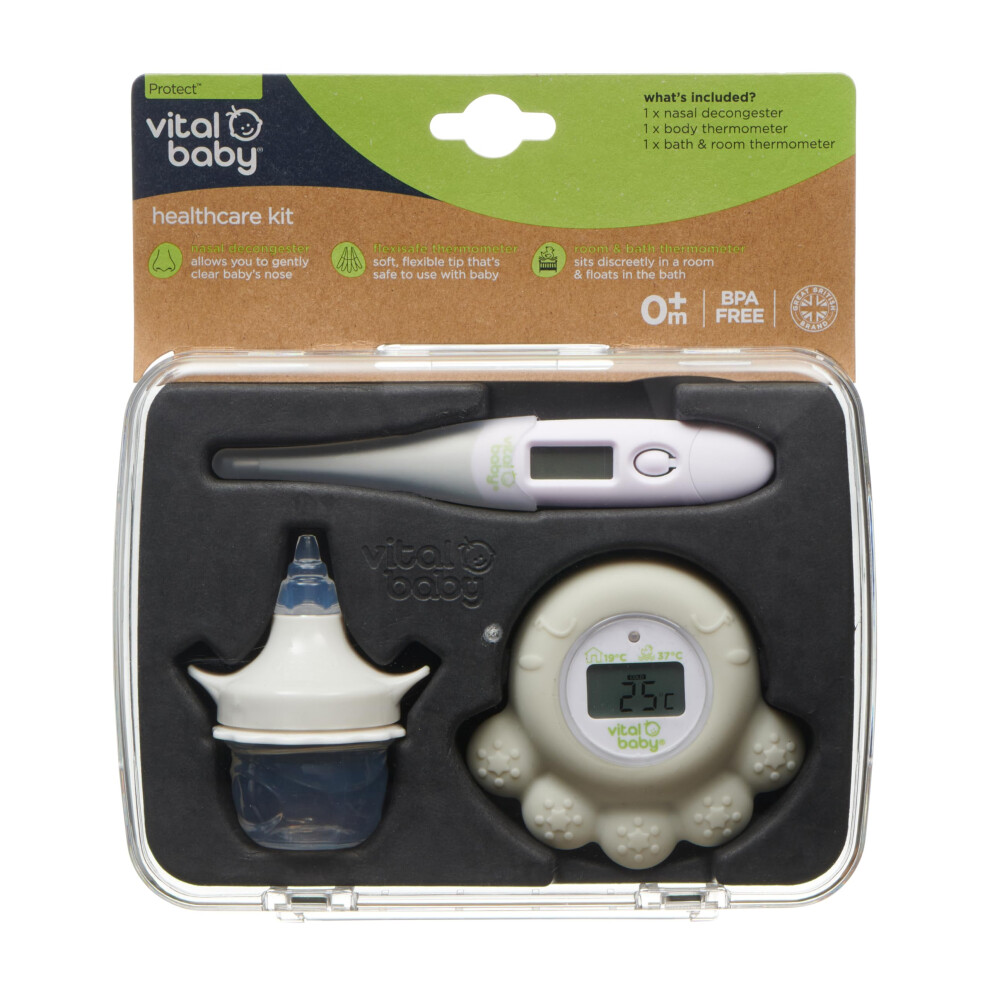 Protect Healthcare Kit For Baby - 3Pcs Room And Bath Thermometer, Nasal Aspirator, Body Digital Thermometer – Essential Newborn Baby Heal Vital Baby