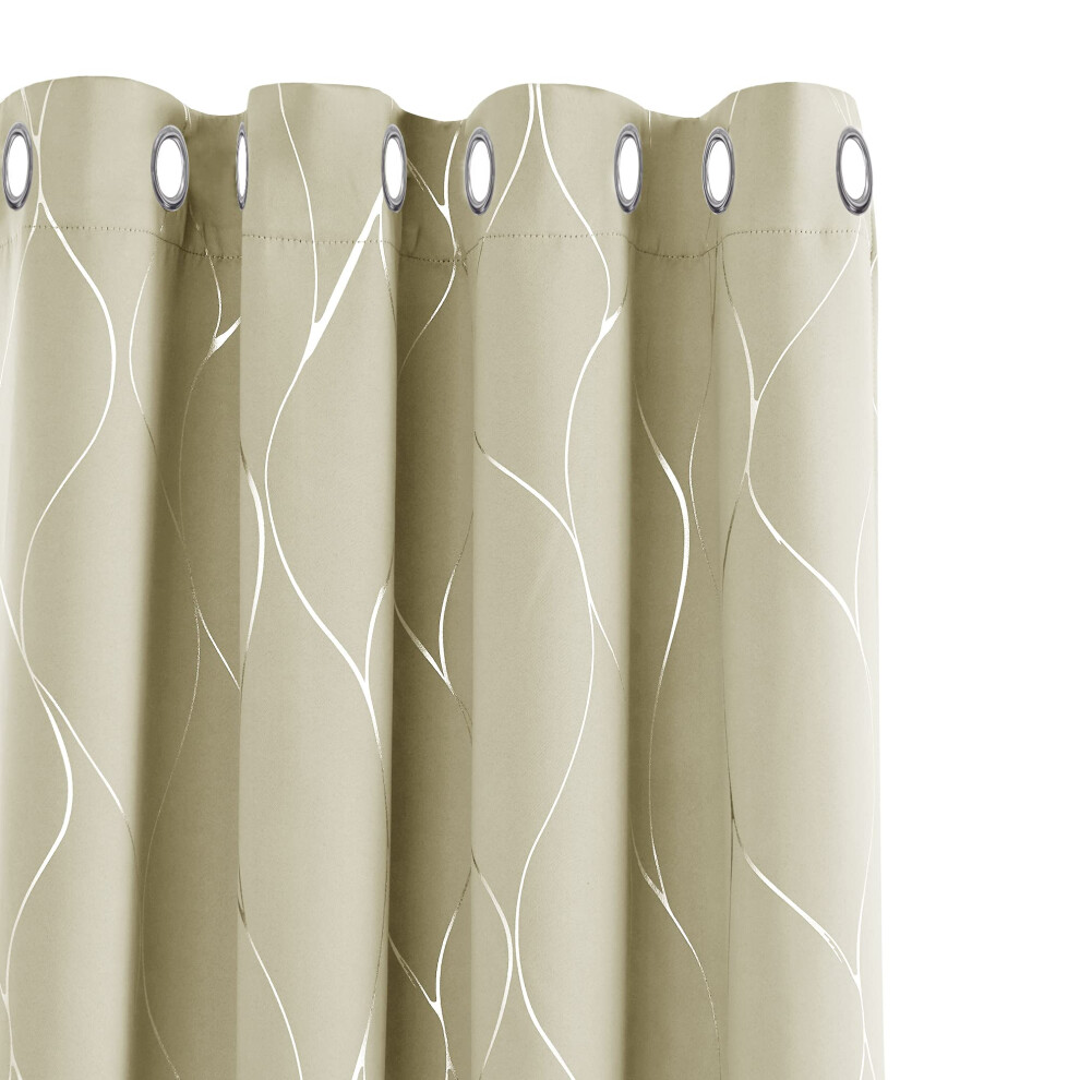 Silver Wave Foil Printed Blackout Curtains, Room Darkening Curtains, Eyelet Curtains For Kids Bedroom, 66X72 Inch(Width X Length), Beige, On Cream,Silver Deconovo
