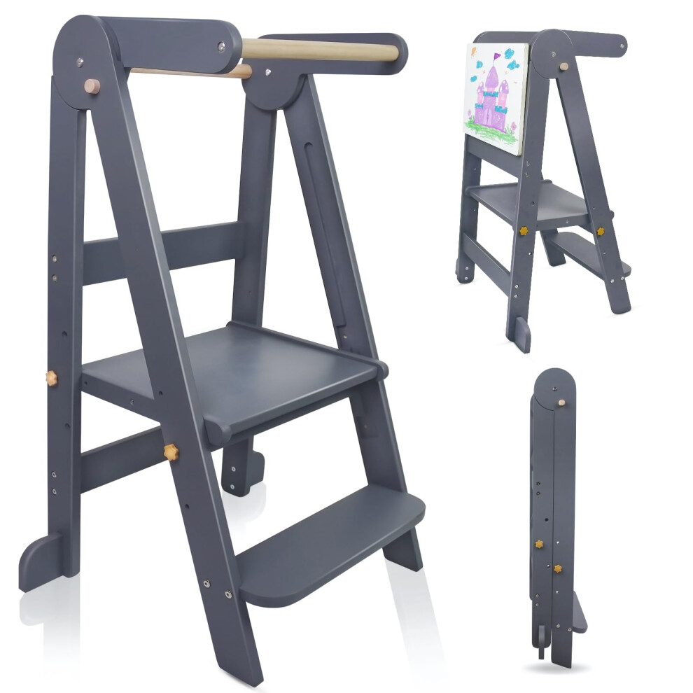 Uuoeebb Foldable Learning Tower With 3 Adjustable Height, Wooden Step Stool For Kids, Folding Learning Tower For Child With Magnetic Whiteboards, Ide