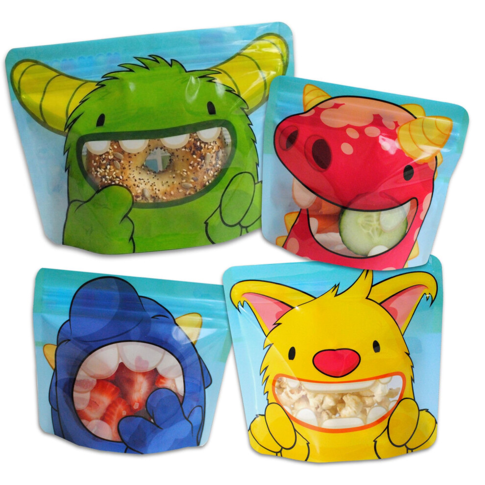 Nom Nom Kids Small Ziplock Bags Monster Snack Bag Collection | 4 Reusable Bags In 3 Sizes. 2 X Small, 1 Medium, 1 Sandwich Bag Sized For Toddlers And