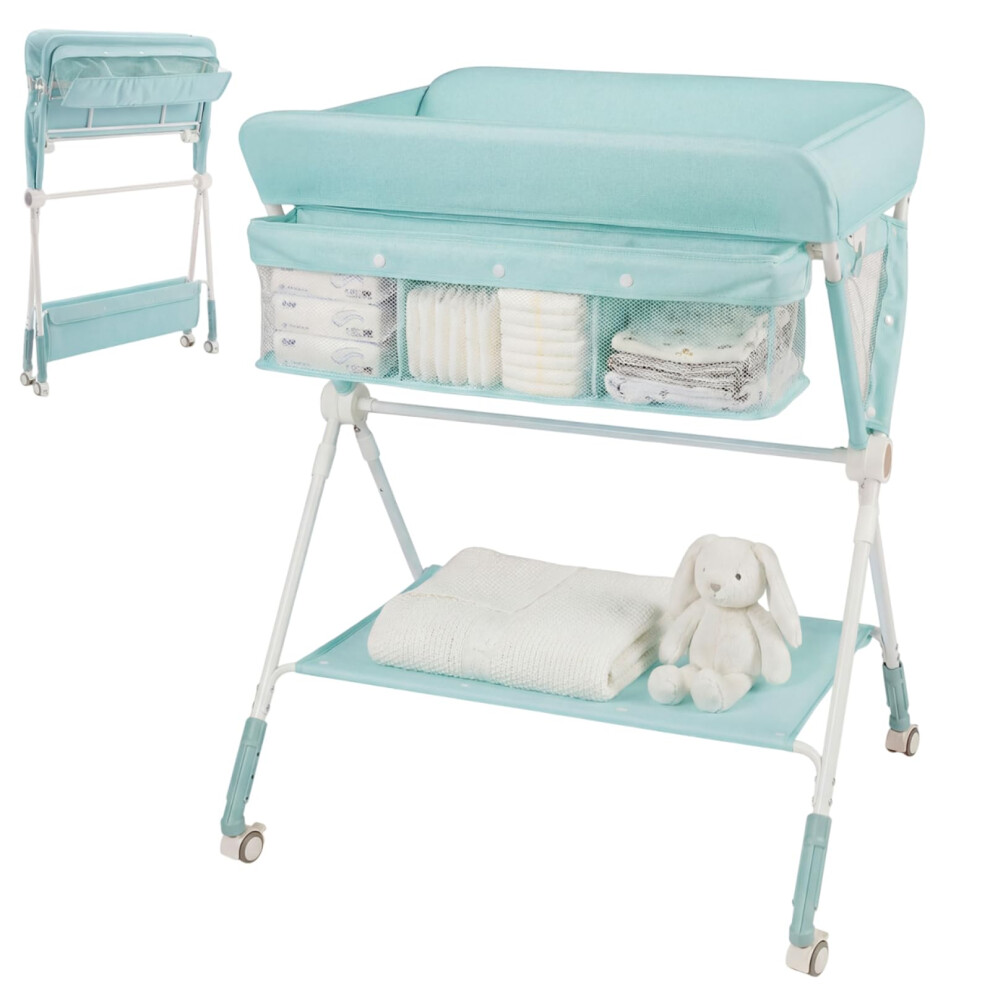 Baby Changing Table, Folding Infant Diaper Changing Station With Wheels, Shelf And Storage Basket, Height Adjustable Nappy Table For Newborn Maxmass