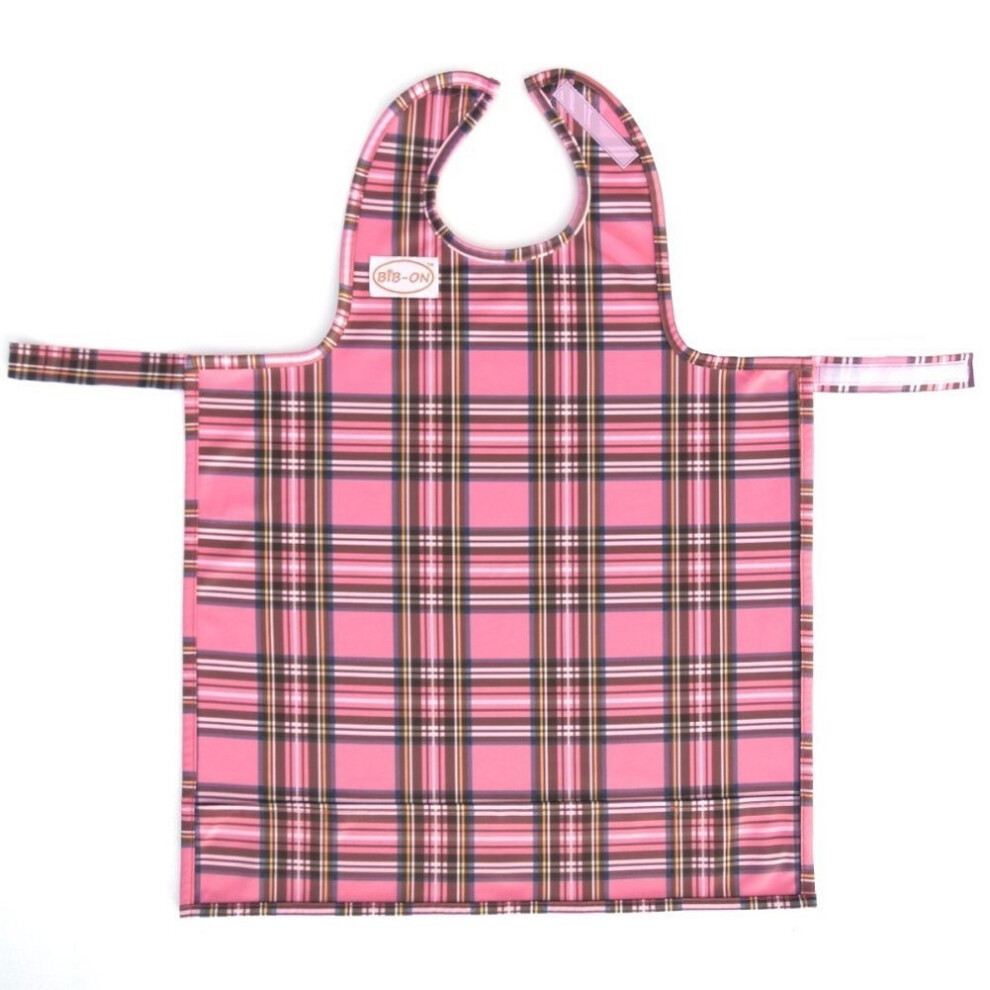 Bib-On , A New, Full-Coverage Bib And Apron Combination For Infant, Baby, Toddler Ages 0-4. (Pink Plaid)