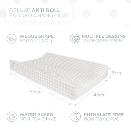 BEDEBYES Deluxe Anti Roll Wedge Baby Changing Mat, Oat Gingham, 1