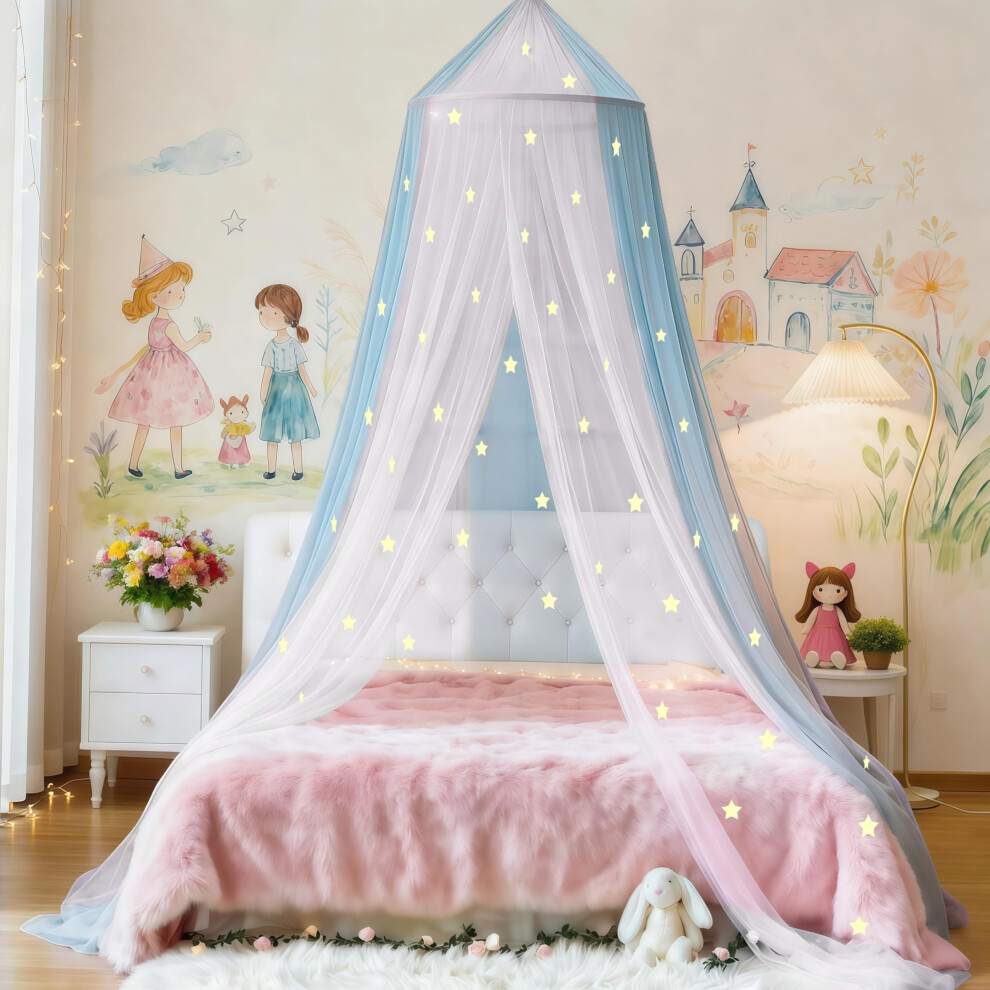 Eimilaly Two-Tone Bed Canopy Glow In The Dark White Blue, Mosquito Net Bed Canopy For Girls Room Decor, Single Door