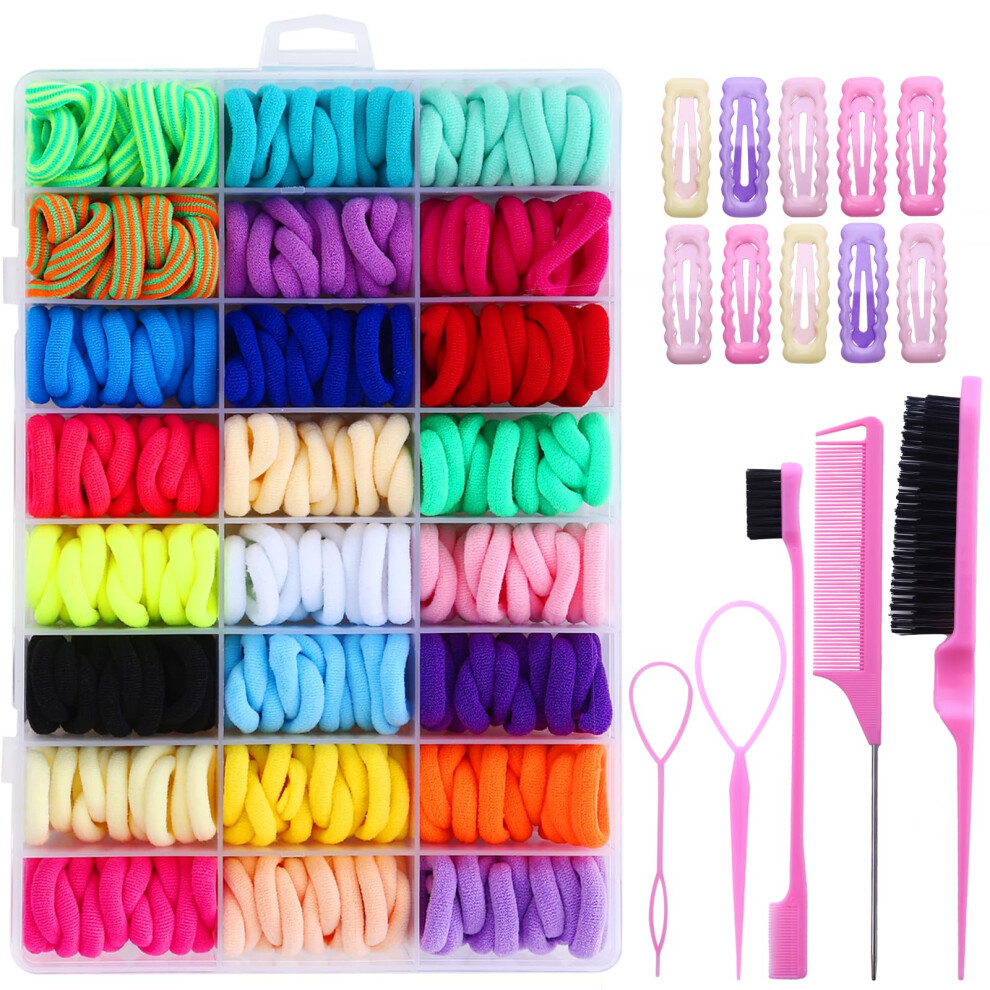 Inskids Hair Accessories Set For Girls, 400 Elastic Hair Bands, 10 Hair Clips, Styling Tools, Multicolour