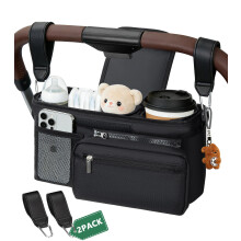 Universal Baby Pushchair Organiser with 2PCS Buggy Clips, 2 Insulated Cup Holder, Detachable Bag, Adjustable Shoulder Strap, Large Capacity for Baby