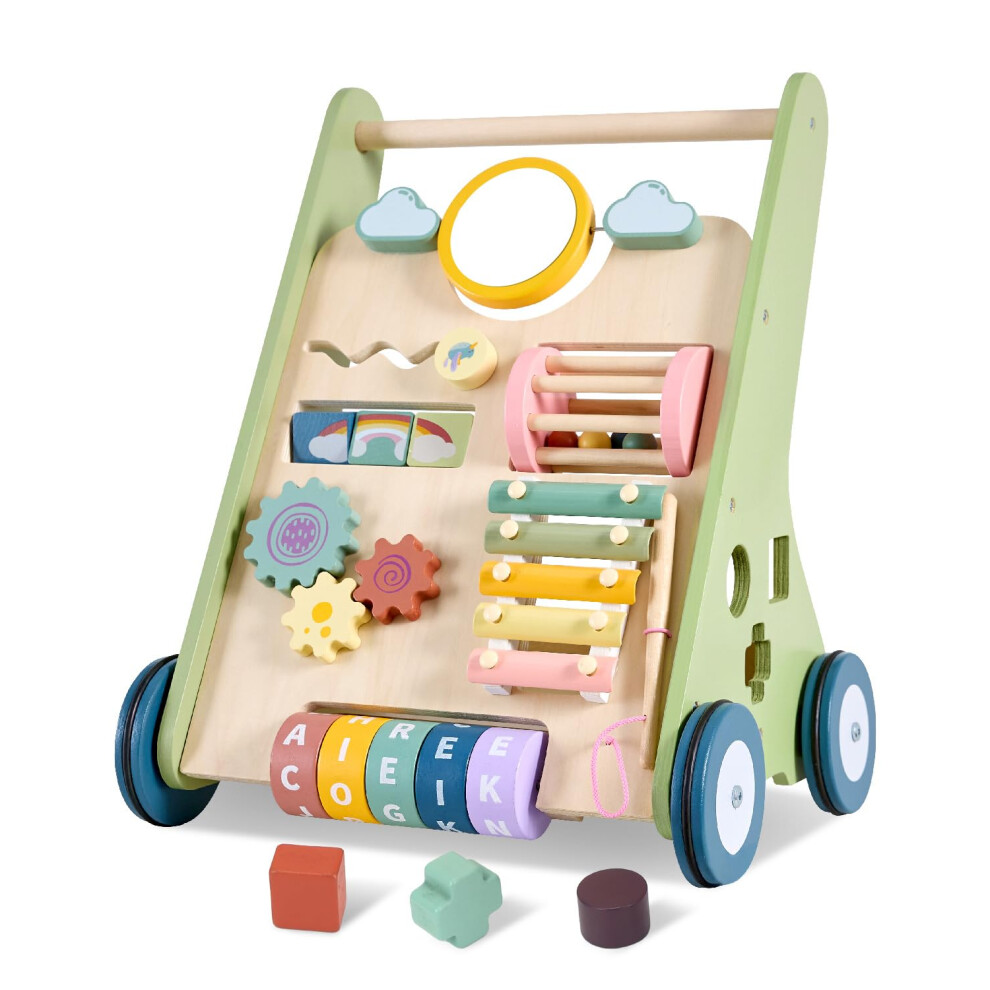 Amazingjoy Wooden Baby Walker Wheels,Baby Push Walker For Babies 10 Months+ Montessori,Toddler Walker Push Toy Wooden Activity Walker For Baby Boy,Walking Toys
