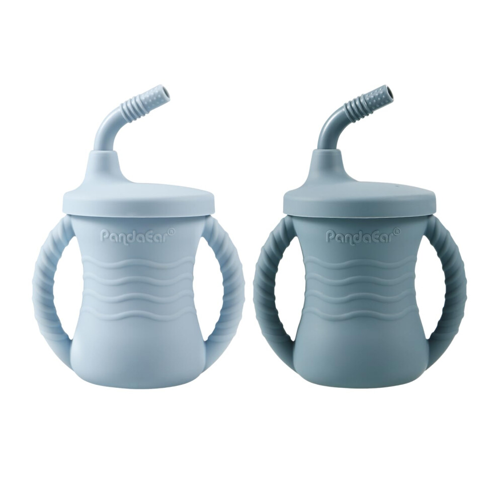 Pandaear 2 Pack Sippy Cups For Toddlers With Straw And Handles, Non Spill Toddler Cup, Baby Straw Cups, First Drinking Training Cups, Dark Blue/Light