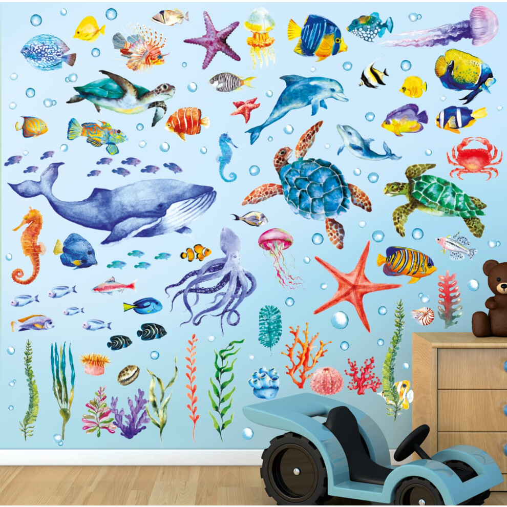 Decowall Ds-8048 Under The Sea Wall Stickers Ocean Fish Decals Turtle Jellyfish Removable For Kids Bedroom Nursery Living Room Art Home Décor Bathroo Bashom