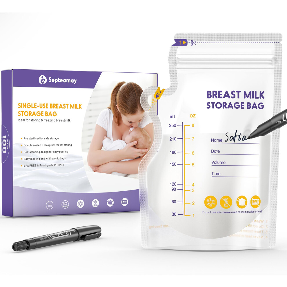 Septeamay 100 Pcs Breast Milk Storage Bag With A Black Marker, 250Ml No Leak Milk Storage Bags, Store Flat Or Standing, Pre-Sterilised, Bpa Free Brea