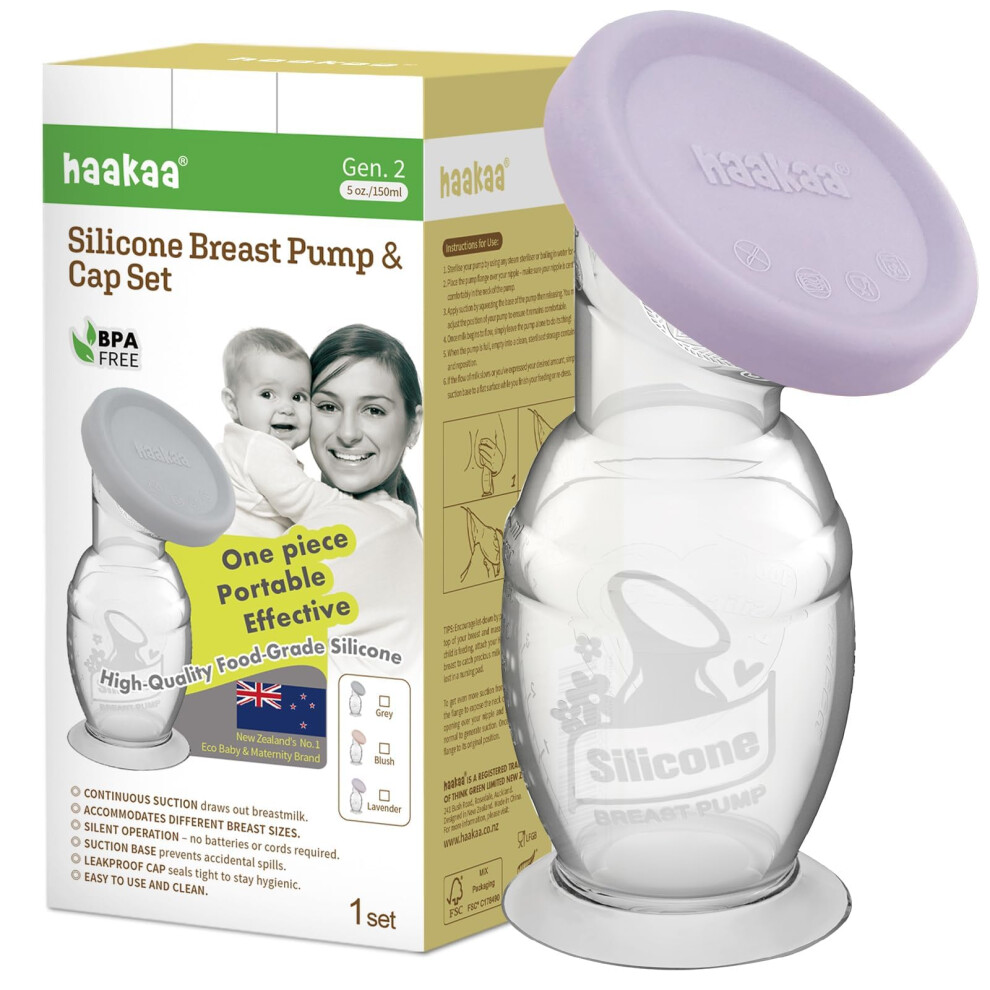 Silicone Breast Pump & Silicone Cap (Lavender) 5Oz/150Ml, Gen.2 Lavender Haakaa