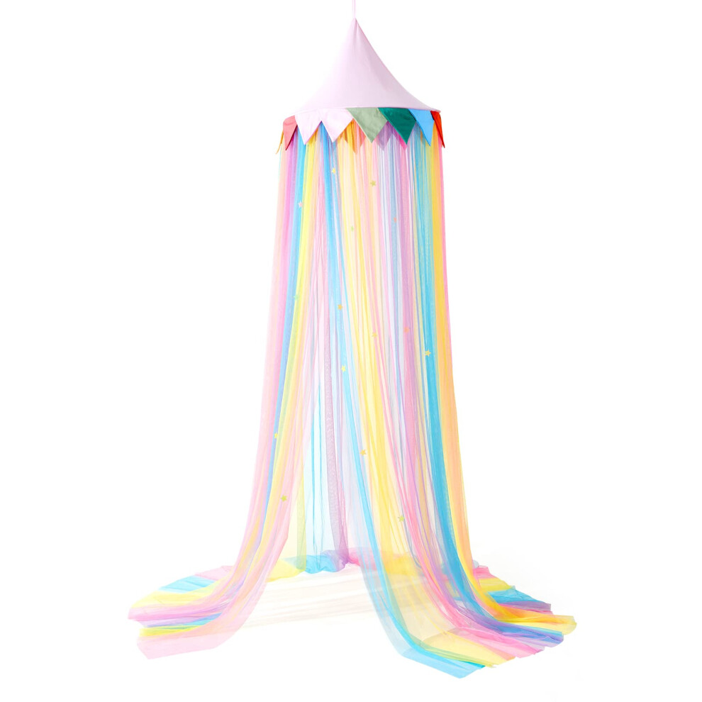 Bed Canopy For Kids, Round Dome Fairy Dream Rainbow Canopy With Star Decor, Kids Reading Nook Tent, Hanging Nursery Canopies For Cribs & Toddle Loaol
