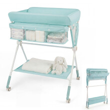 GYMAX Folding Baby Changing Table, Hight Adjustable Infant Diaper Changing Station with Wheels and Storage Basket, Portable Newborn Care Station (Gre
