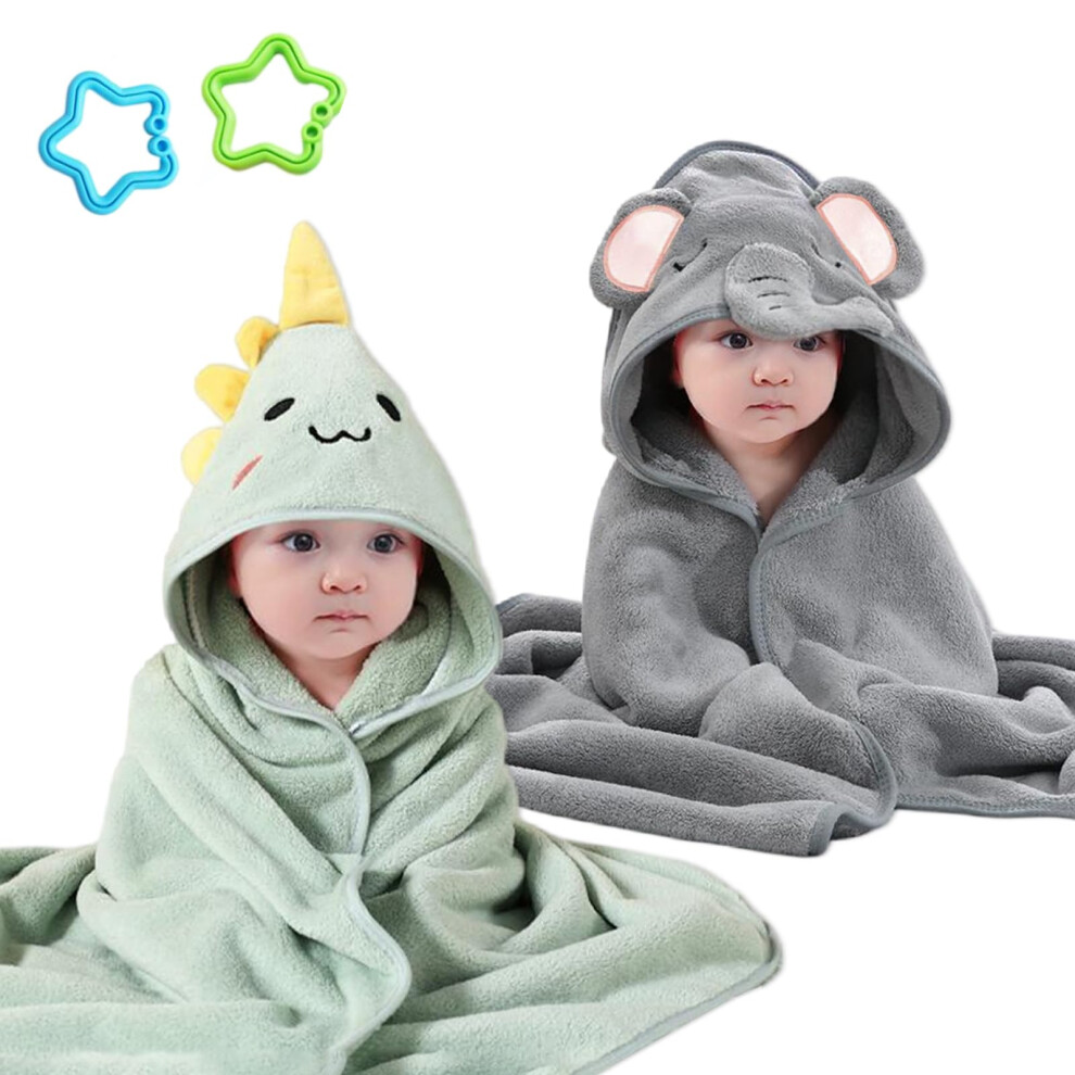 Gobiufy 2Pcs Hooded Baby Towels And 2Pcs Baby Handle Toys Set, Animal Design Baby Bath Towels With Hood, Soft Absorbent Baby Bath Towel Set For Newbo