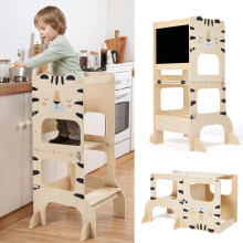 Toddler Kitchen Tower, Foldable Montessori Learning Standing Tower, 2-in-1 Toddler Kitchen Stool with Chalkboard Waldorf Kitchen Steps Helper Stool f