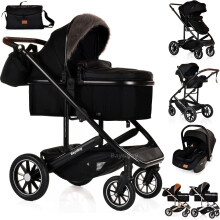 3 in 1 Baby Pram Travel System with Car Seat Lightweight Buggy Foldable Pushchair for Newborn and Toddlers up to 22kg New 2025 Style (Black - Black)