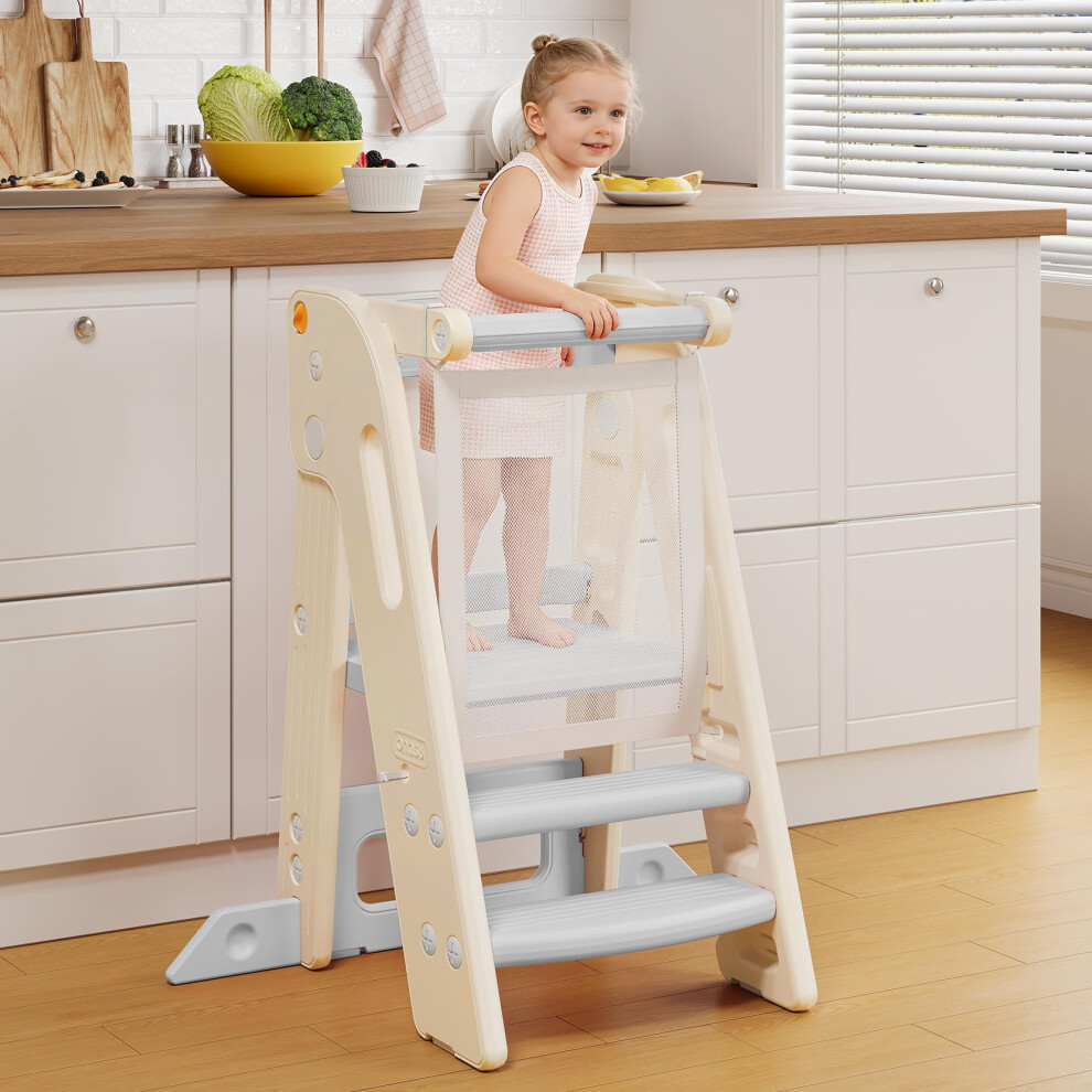 Toddler Learning Tower, Toddler Tower Foldable With Safety Bar, Adjustable Height, Kitchen Stool For Kids With Handles, Non-Slip, For Kitchen Onasti