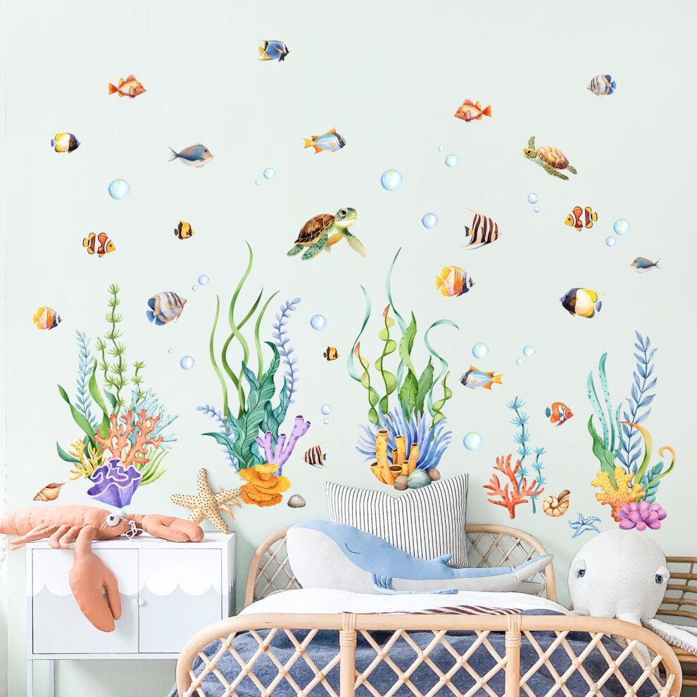 Under The Sea Wall Stickers Seaweed Grass Ocean Fish Sea Turtle Underwater Wall Decals For Bathroom Peel And Stick Wall Art Decals For Baby Nursery K Supzone