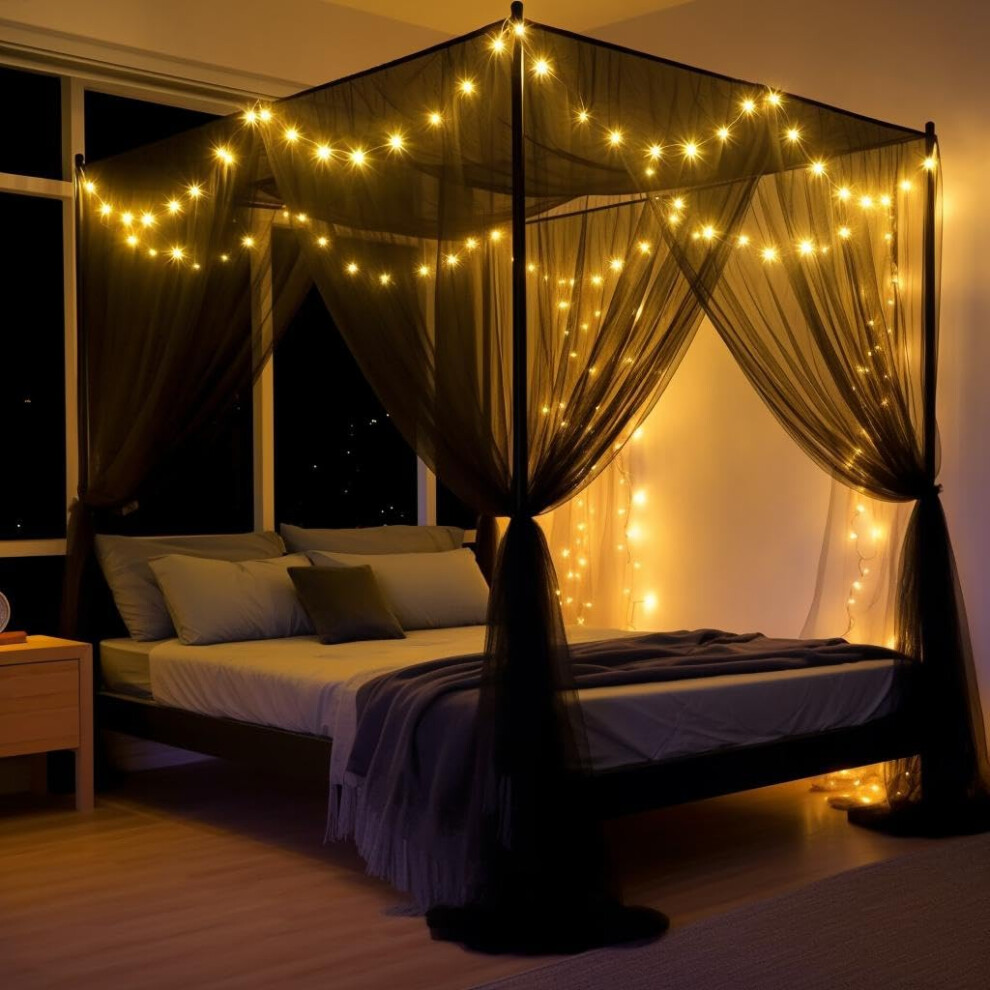 Mosquito Net Bed Canopy For Double Bed - With Led Lightstrings Four Corner Post Curtains, Elegant Drape With Hook & Rope, Screen Netting For Temopow