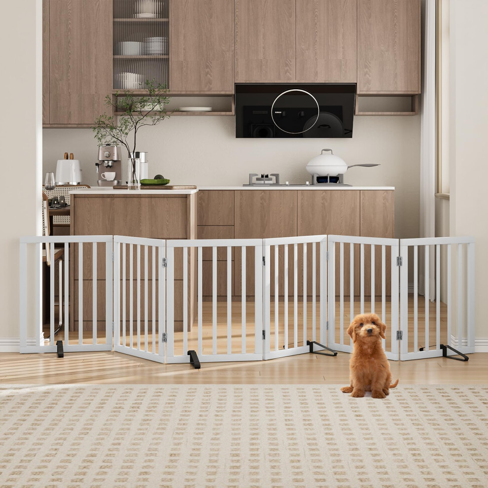 Freestanding Dog Gate Foldable Pet Gate 6 Panel, Bamboo Dog Stair Gates For Doorways Stairs, Puppy Gates Extendable Up To 280Cm, 4 Sup White Morwdxef