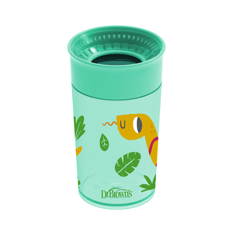 Dr. Brown's Milestones Cheers 360 Cup Spoutless Transition Cup, Travel Friendly & Leak-Free Sippy Cup, Green, Snake, 10Oz/300Ml
