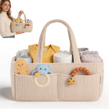 YUDAWN Nappy Caddy Organiser, Baby Nappy Organiser Portable Storage Basket with Handles for Changing Table Corduroy Diaper Caddy Baby Essentials for