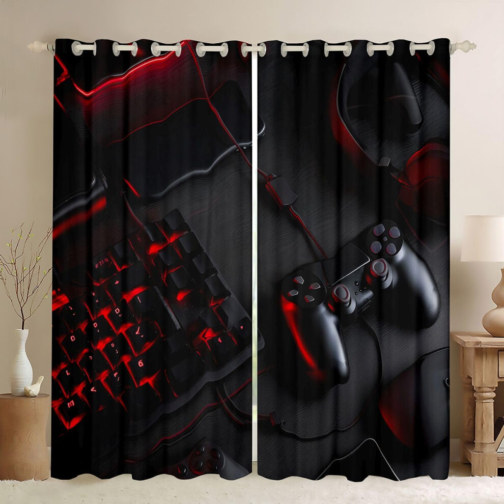 Homewish Gamer 46" W X 72" L Blackout Curtains For Kids Boys Game Bedroom, Gaming Keyboard Controller Pattern Window Curtain, Stylish Black Curtains