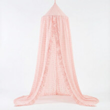 ZIQINPSQ Bed Canopy for Girls Kids with Pom Pom- Lace Chiffon Canopy Bed Curtains, Ruffles Princess Reading Nook for Girls Room Decoration (Pink)