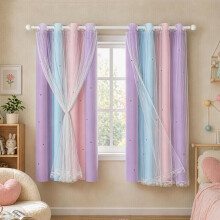 EVERGOODS Rainbow Curtains，Kids Curtains for Girls Bedroom – 2 Panels Rainbow Blackout Curtains with Sheer Layer, Laser Cut Stars, Pink & Purple P