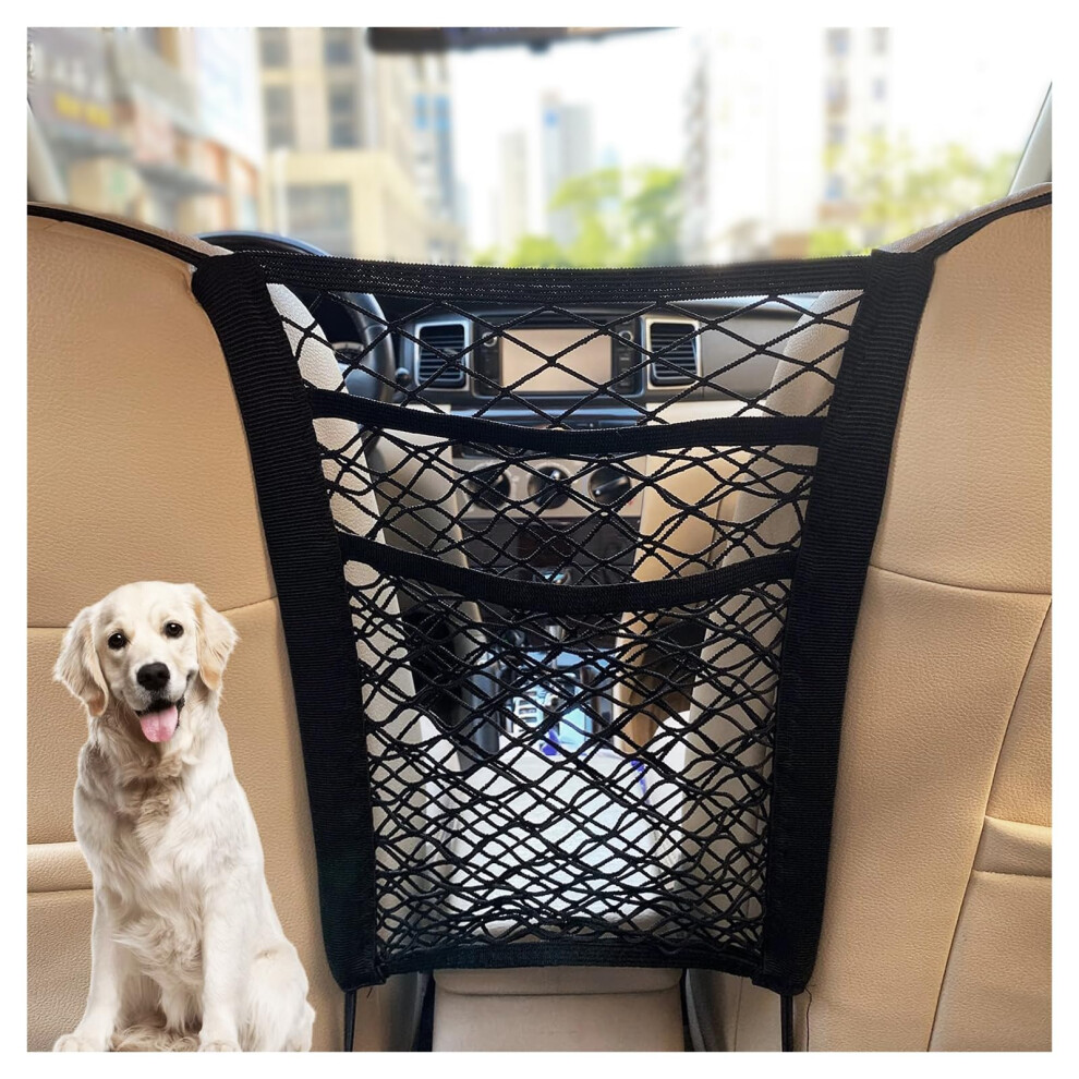 Kandujimu 3 Layers Car Mesh Organizer, Four-Side Elasticity Auto Seat Back Net Bag Between Front Seats, Car Net Barrier Of Backseat Pet Kids, Tissue Purse Hold