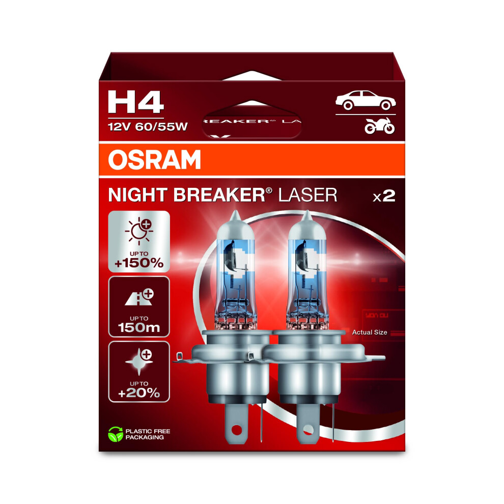 Osram Night Breaker Laser H4, +150% More Brightness, Halogen Headlight Lamp, 64193Nl-2Hb, 12V, Hanging Folding Box (2 Lamps) 5008157809496
