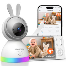 YESIMOM 2K WiFi Baby Monitor with App & 5" Screen, 3MP Camera No Red Light Night Vision, 360 Auto Tracking, Cry Detection, Night Light, Lullabies, T