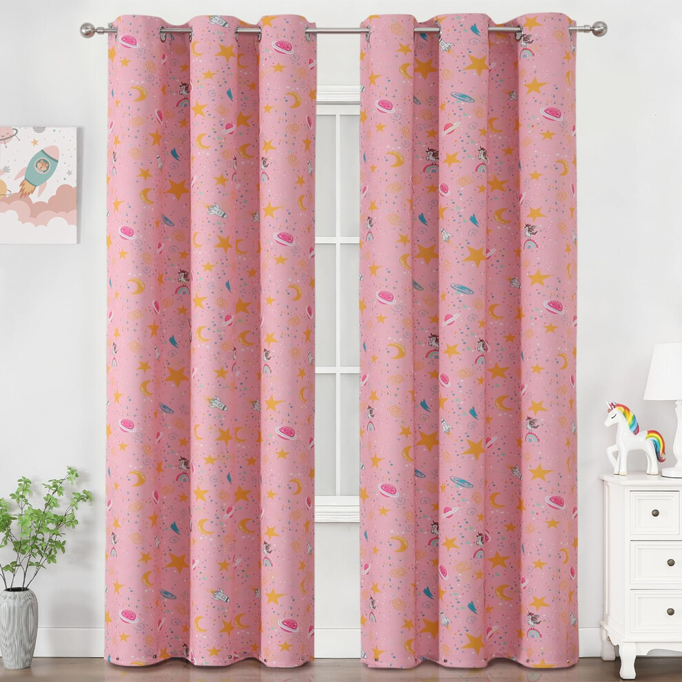 Star Blackout Curtains For Nursery, Classic Unicorn Cartoon Drapes For Girls Bedroom, Thermal Insulated Eyelet Noise Reducing Curtain W38 Pink Vehede