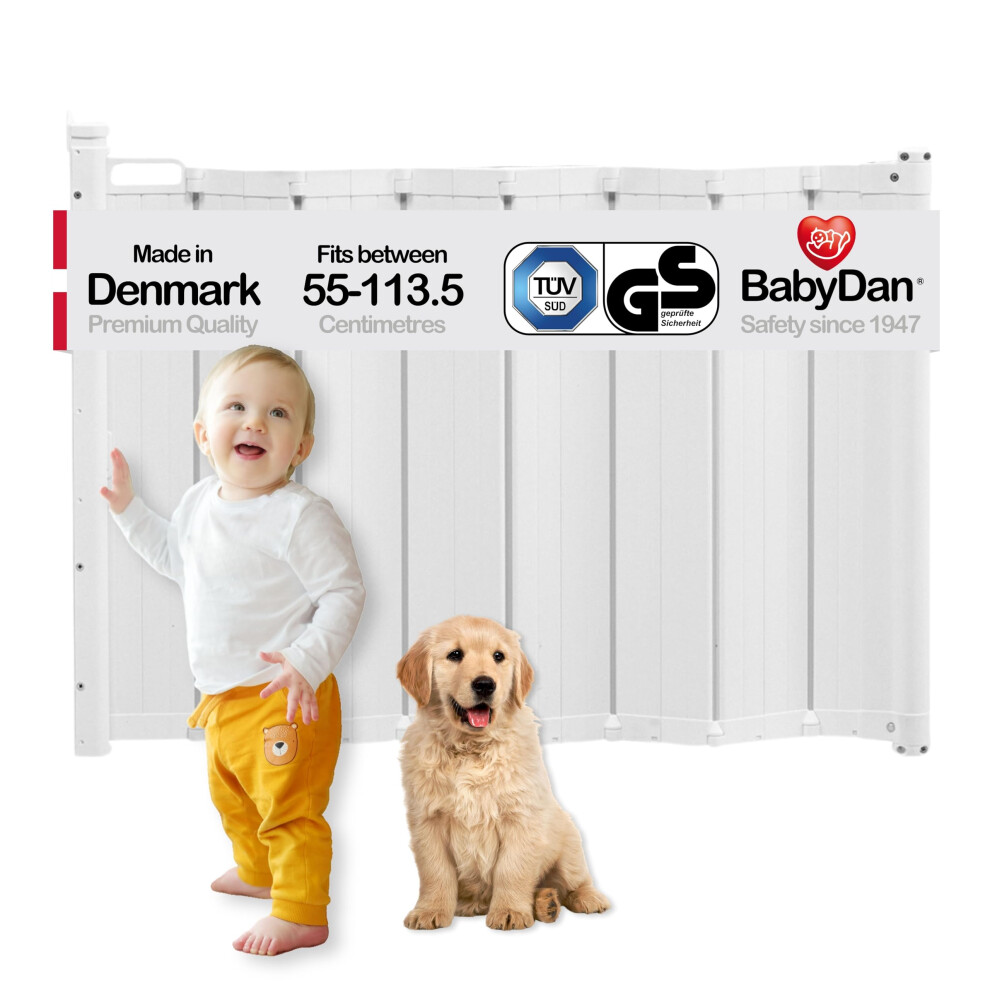 Babydan Guard Me Extra Wide, Auto Retractable Stair Gate, Fits Openings Between 55-113.5 Cm, White, Made In Denmark - Baby Gate/Safety Gate (Pet Gate