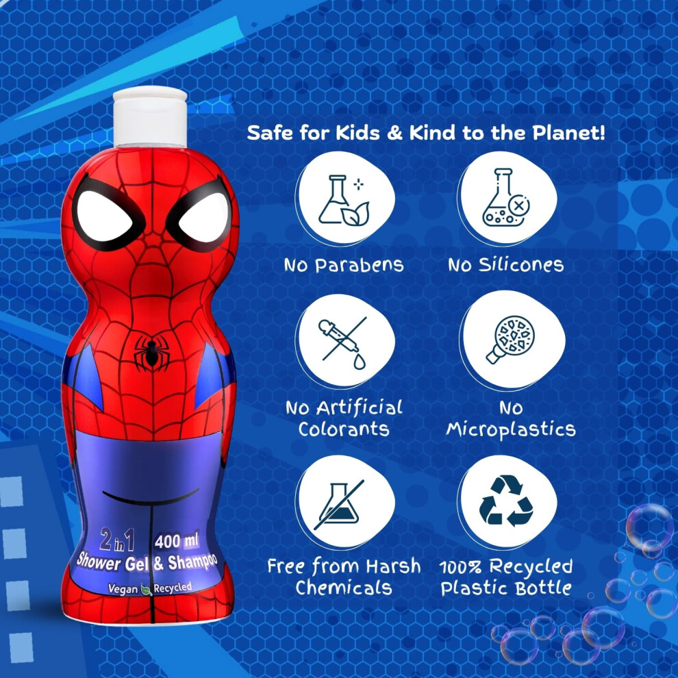 Kp Pharma Marvel Spiderman 2-In-1 Kids Shampoo & Body Wash Â 400Ml | Kids Shower Gel | Natural, Vegan, Paraben-Free, Dermatologically Tested | Gentle, Nourish